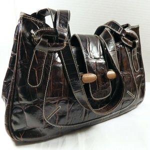 Italy Brown Croc Embossed Leather Satchel Shoulder Hand Bag Purse